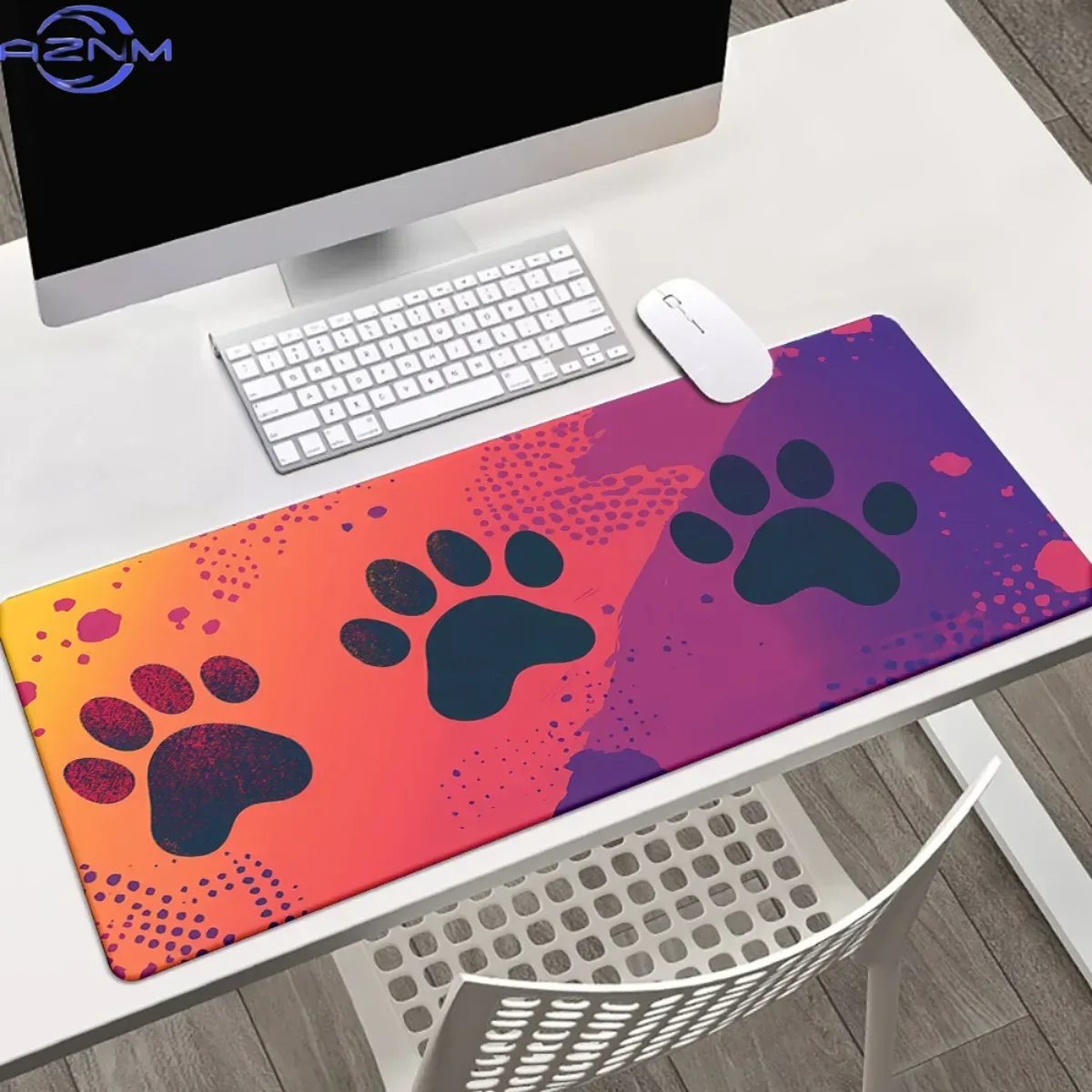 Gradient Paw Print XXL Desk Mouse Pad, Orange Purple Splash Cat Paw Pattern Waterproof Rubber Base Cute Gaming Keyboard Mat
