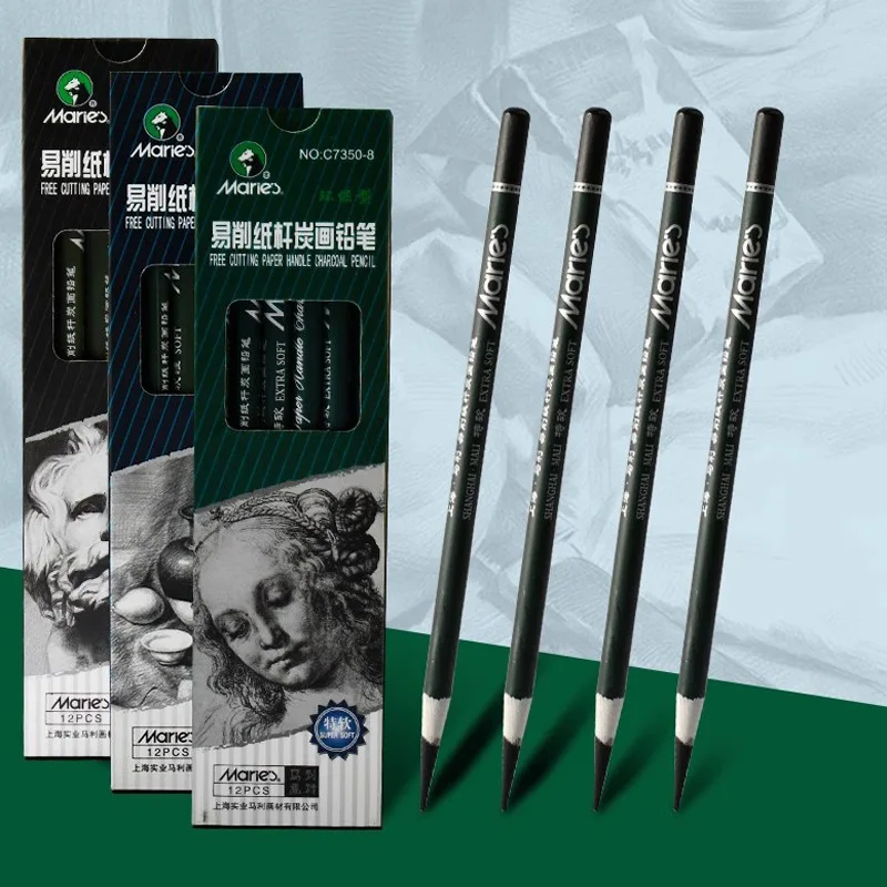 12pcs Sketch Charcoal Pen Set Thicken Refills Not Easy To Break for Travel Sketching Clothing Architectural Design Art Creation