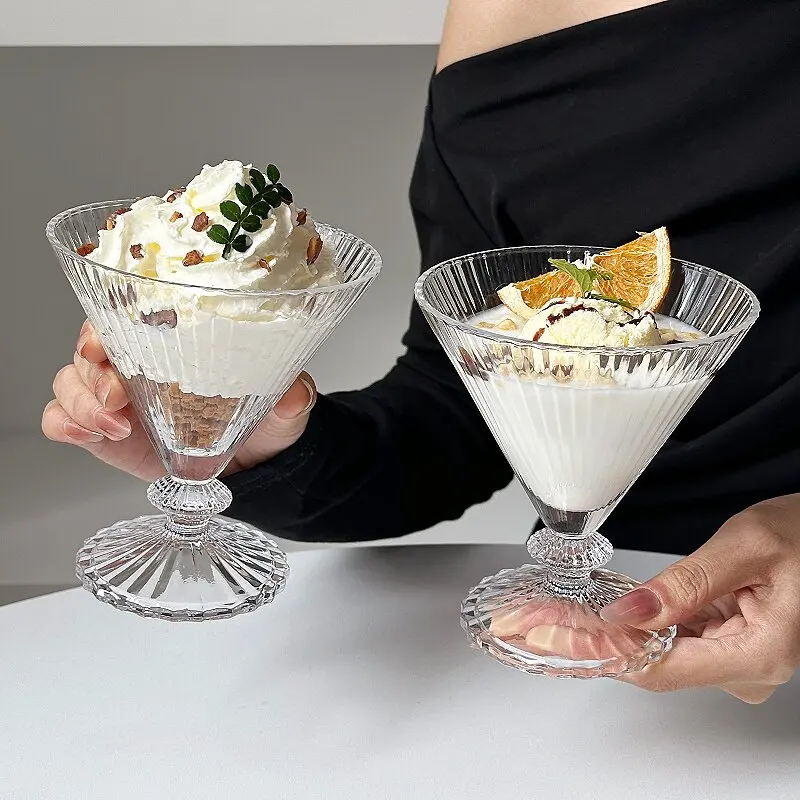 Vintage Vertical Striped Triangle Goblet Glass Cup Creative High Aesthetic Cocktail Ice Cream Dessert Cup for Home Bar Party