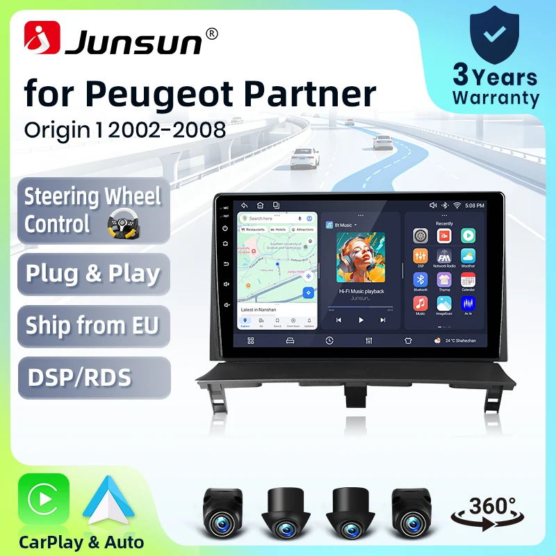 Autoradio Junsun sans fil CarPlay Android Auto pour Citroen Berlingo / Peugeot Partner (M49/M59) 2002-2008 avec ventilateur de refroidissement intégré, navigation GPS Android, lecteur multimédia, WiFi, DSP, RDS, BT, SWC, écran tactile IPS, autoradio, lecteur vidéo, unité principale, stéréo