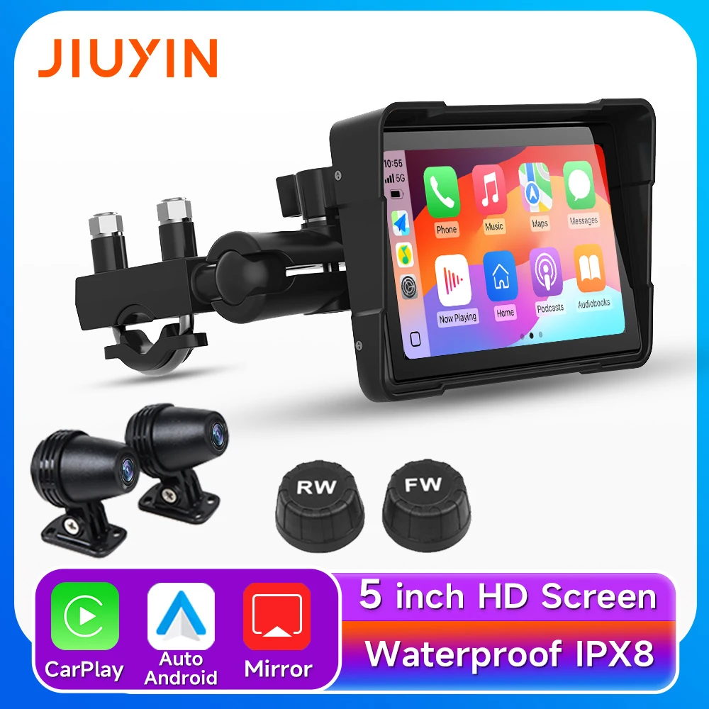 JIUYIN 5inch Motorcycle Navigation GPS Wireless Carplay Android IPX7 Waterproof HD Dual Video Recording Smart
