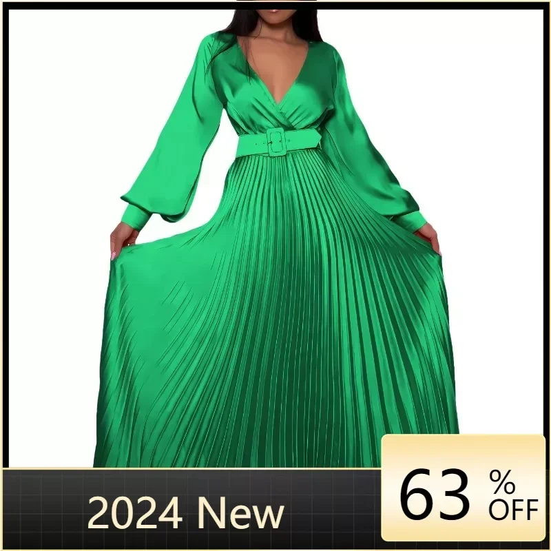 

Women Sexy Deep V-neck Swing Pleated Long Dress Spring High Waist Tie-up Belted Maxi Dress Autumn Long Sleeve Boho Party Dresses