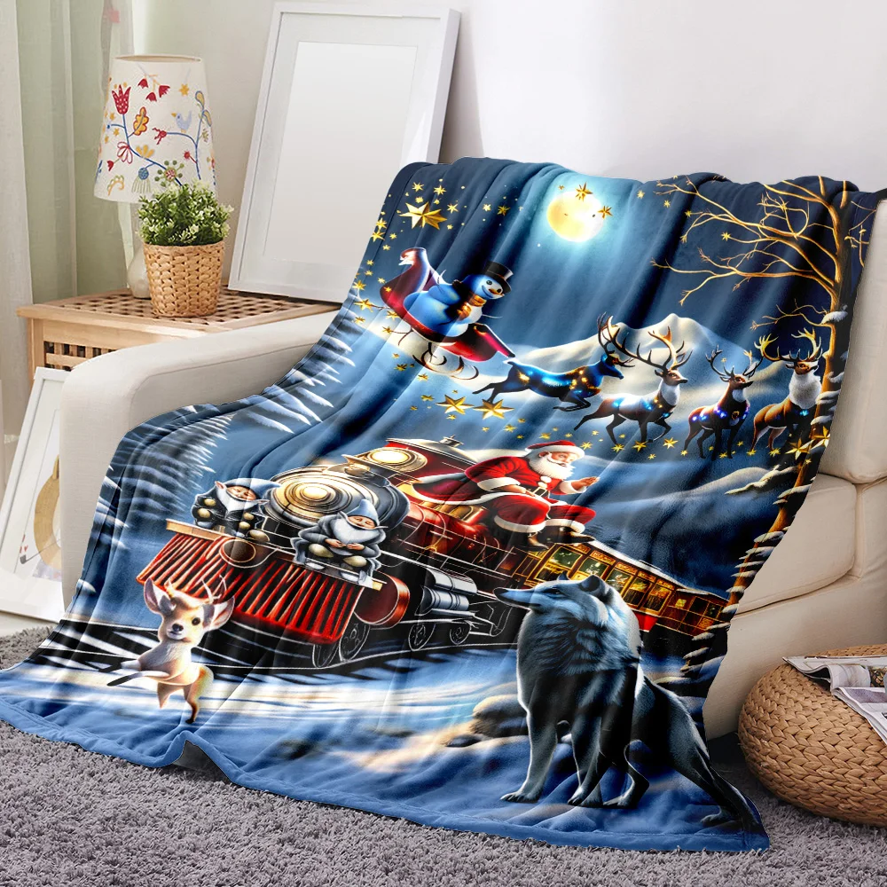 1PC Santa and Train Print Blanket-Made of soft, fluffy flannel, perfect for a sofa, bed, or lounge chair. Ideal for Christmas de
