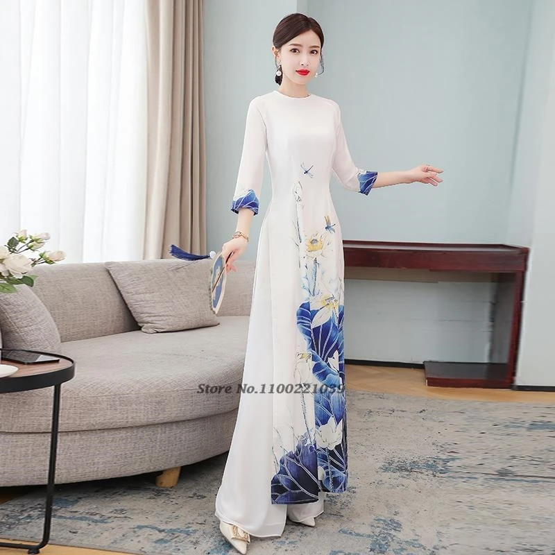 2025 أوداي شيونغسام فستان صيني أنيق + فستان أطفال مع سروال داخلي زهرة شرقية طباعة تشيباو فيتنام التقليدية آو داي فستان الحفلات والولائم