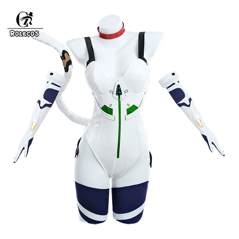 ROLECOS Rei Cat Cosplay Costume Halloween Women White Dress Outfit Jumpsuit Full Set with Gloves and Stockings