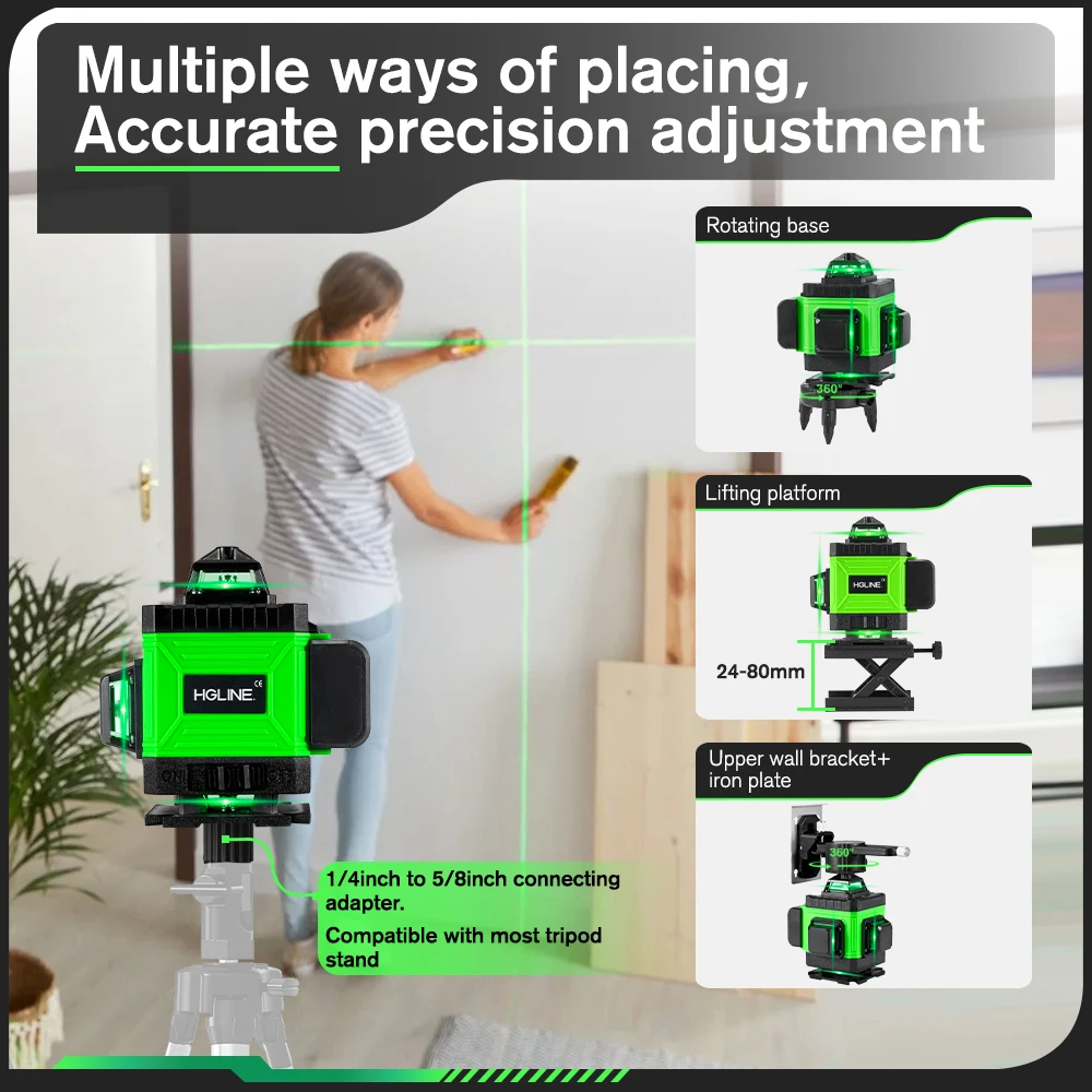 Imagem -05 - Hgline Verde 4d 16 Linhas Laser Nível App Controle Luz Verde Nível Laser Horizontal Vertical Níveis Ferramentas com Exibição de Energia