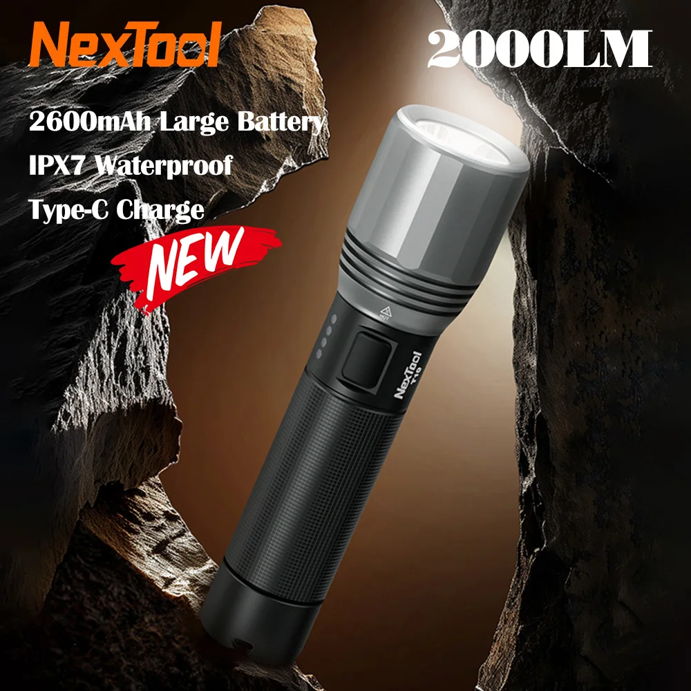 NexTool T10 High Power Flashlight 2000lm Rechargeable LED 7 Modes 2600mAh Battery 220m Torch Lamp Waterproof For Camping Hiking