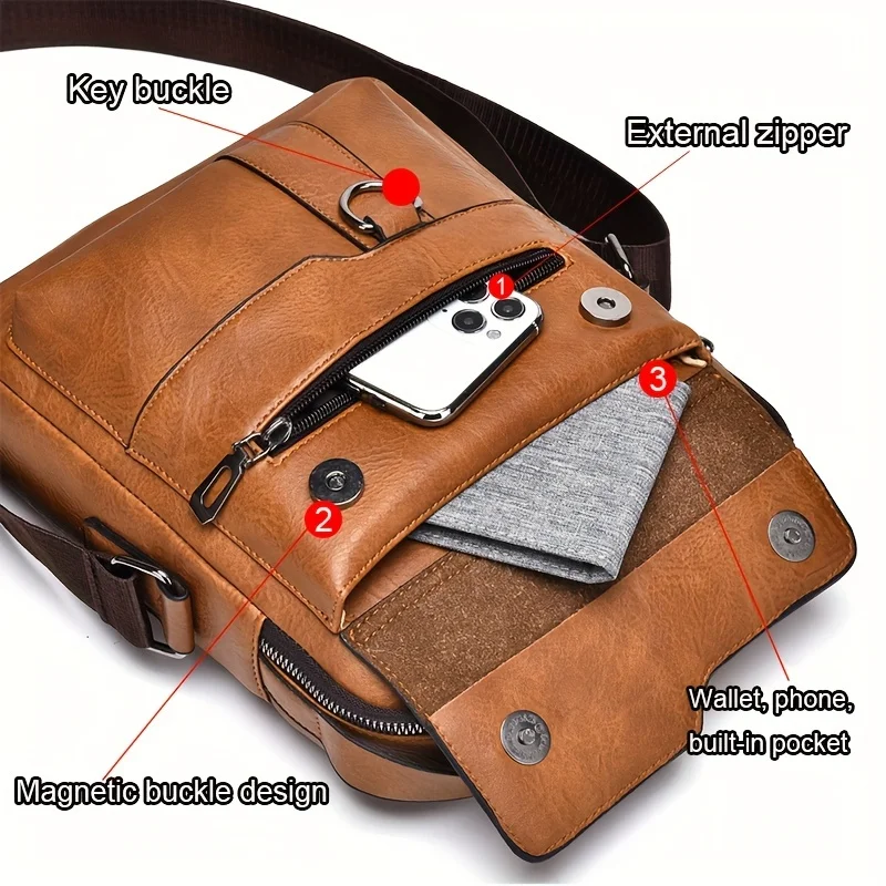 Men's PU Crossbody Bag Vintage Large Capacity Business Casual Shoulder Bag Perfect Valentine Day Gift for Husbands or Boyfriends