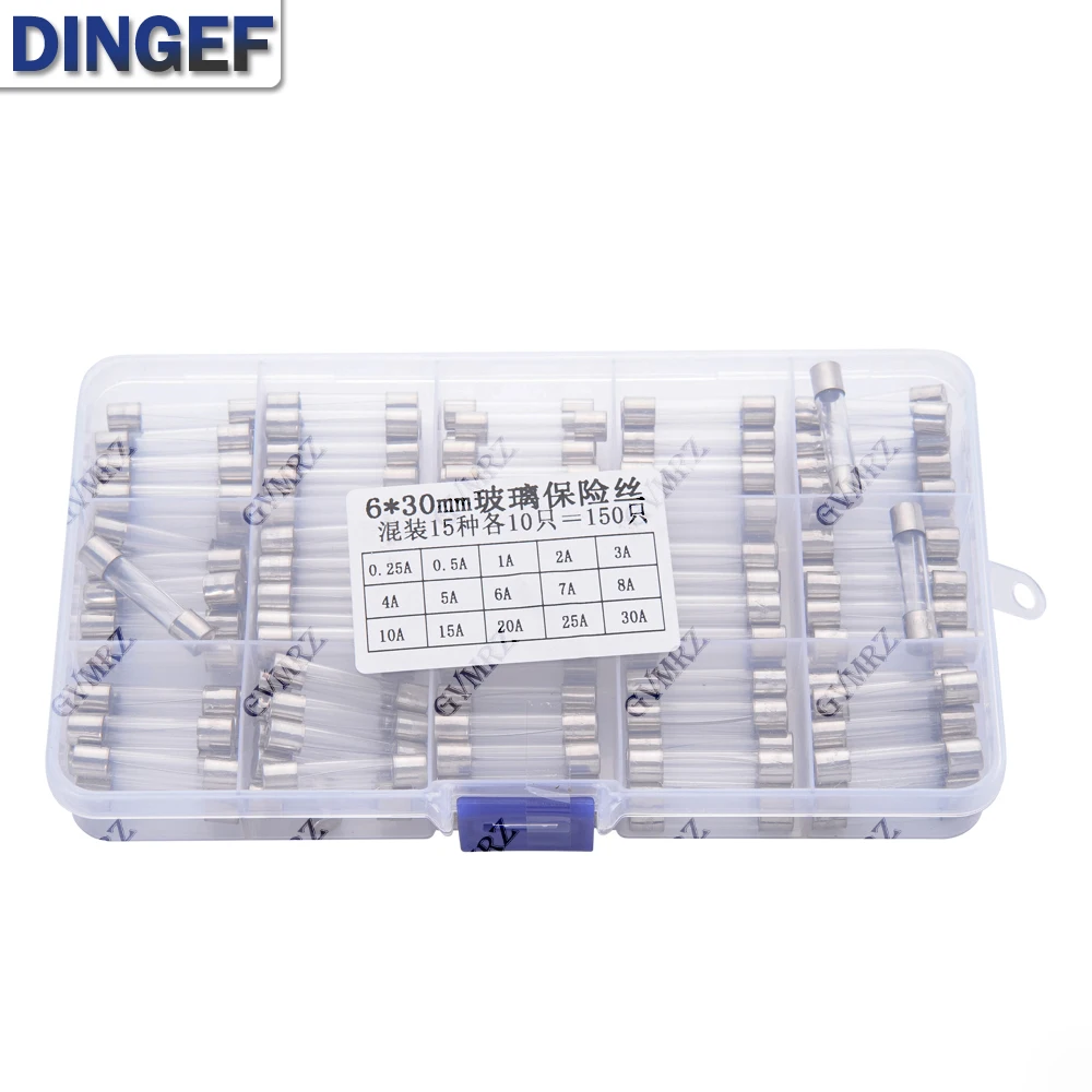 150PCS 15Values 6*30 Glass Tube Fuses Car Glass Tube Fuses Assorted Kit 6X30 with Box fusiveis 0.1A-30A Household Fuses