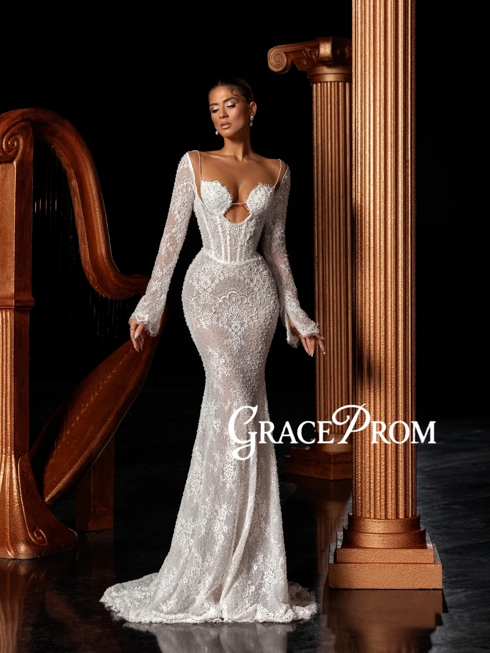 

Cut Out Low Back Mermaid Bridal Gown Fully Lace Pearls Opulent Wedding Dress Sexy Modern Long Sleeves Customized Women Wear