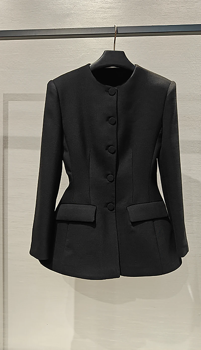 

Celebrity Waisted Gallery Long Sleeve Round Neck Single Breasted Suit Jacket Collarless Over Hip Skirt Flap Pockets Simple Top