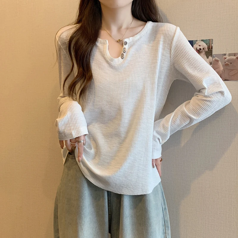 

Cotton Oversized Buttoned Long Sleeve Soft Women V Neck Tops Fashion Sexy Chic Harajuku Thin Tee Tunic Slim Black White T Shirt