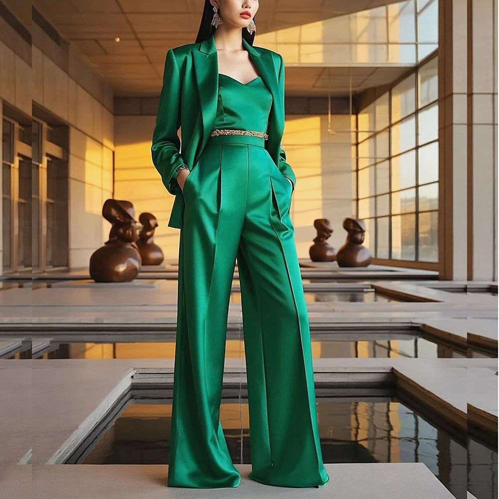 

Classic Green Satin Women two Pieces Suit Set Peak Lapel One Button Jacket Wide Leg Pant Set Office Business Female Clothing