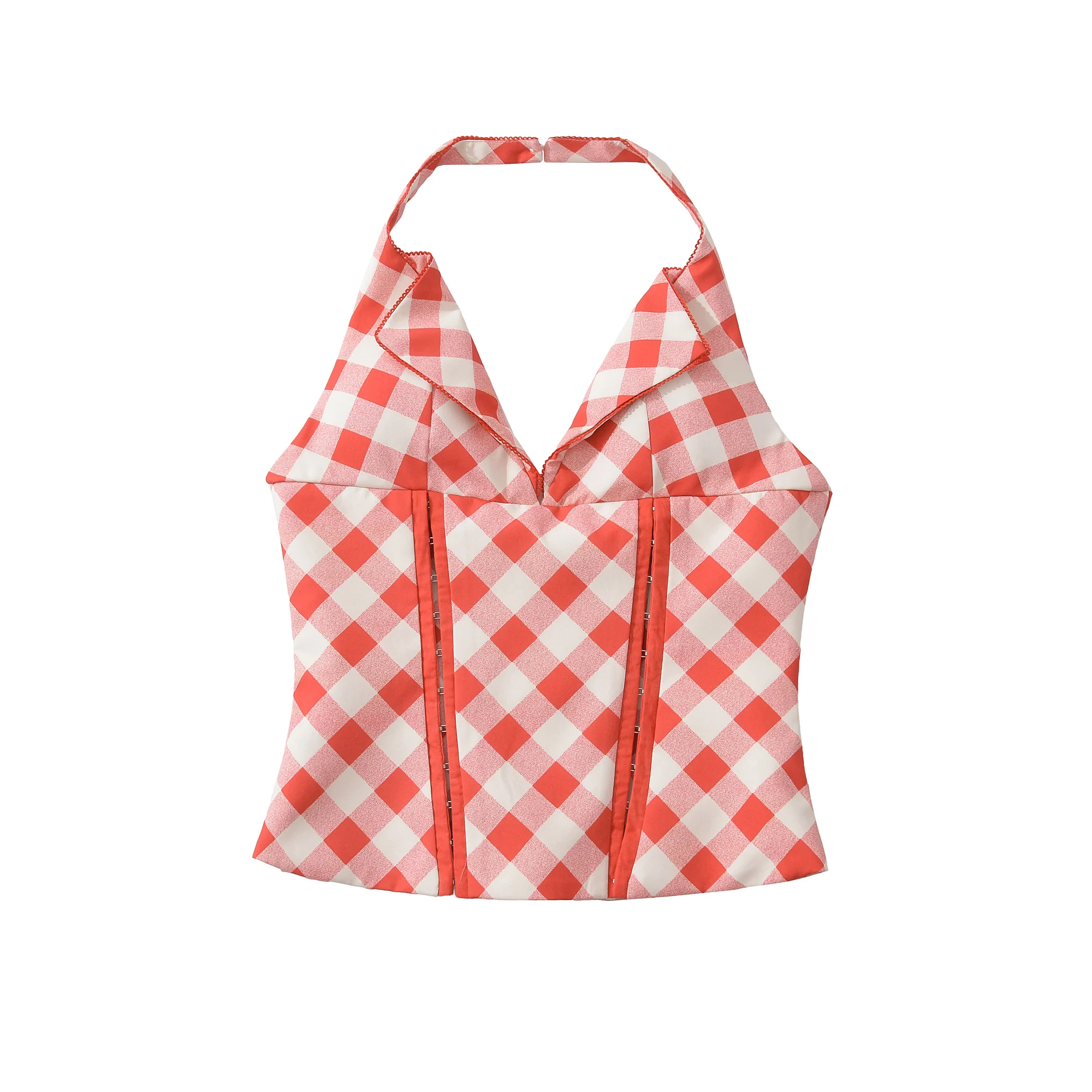 Sexy Plaid Print Halter V Neck Front Hook Buttons Slim Tank Top Women Cross Bandage Lacing Up Bow Back Zipper Tee Summer Vest