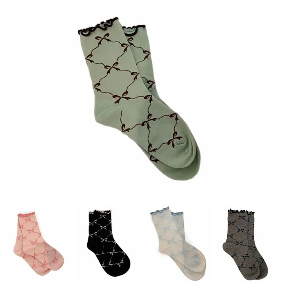 

5Pairs Solid Color Thin Cotton Ruffle Bow Socks Ins Style Lolita Mid Tube Socks Female Hosiery Breathable Sweet Socks Women Girl