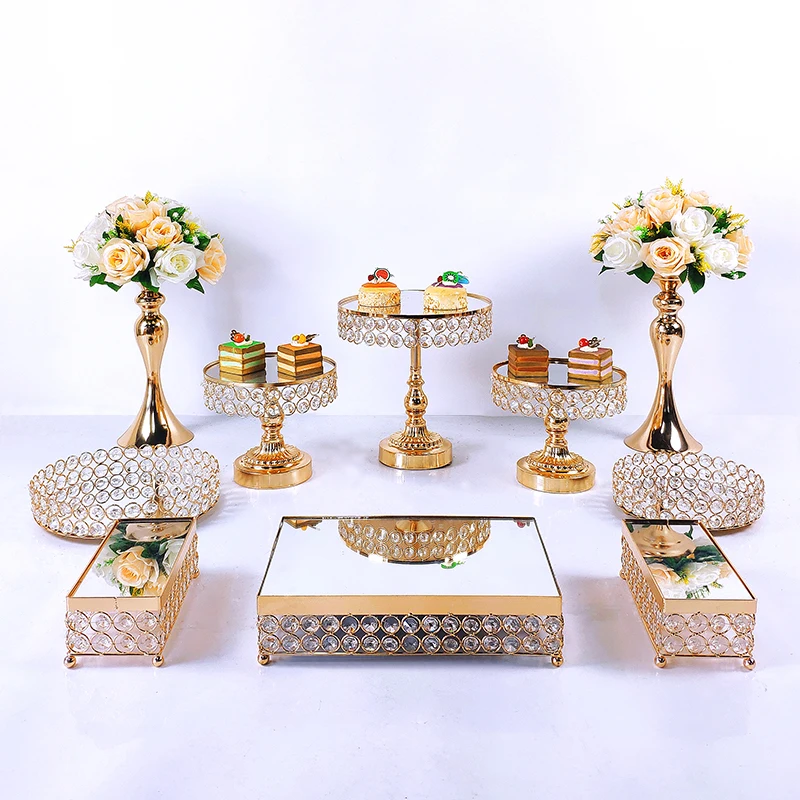 Silver Gold 7-8pcs  Electroplate Metal  Crystal Cake Stand Set Display Wedding Birthday Party Dessert  Cupcake Plate Rack