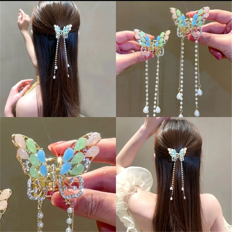 

Exquisite Rhinestone Butterfly Tassel Hair Claw Korean Style Ponytail Braid Pearl Hair Clip For Women Girl Clip Metal Headdress