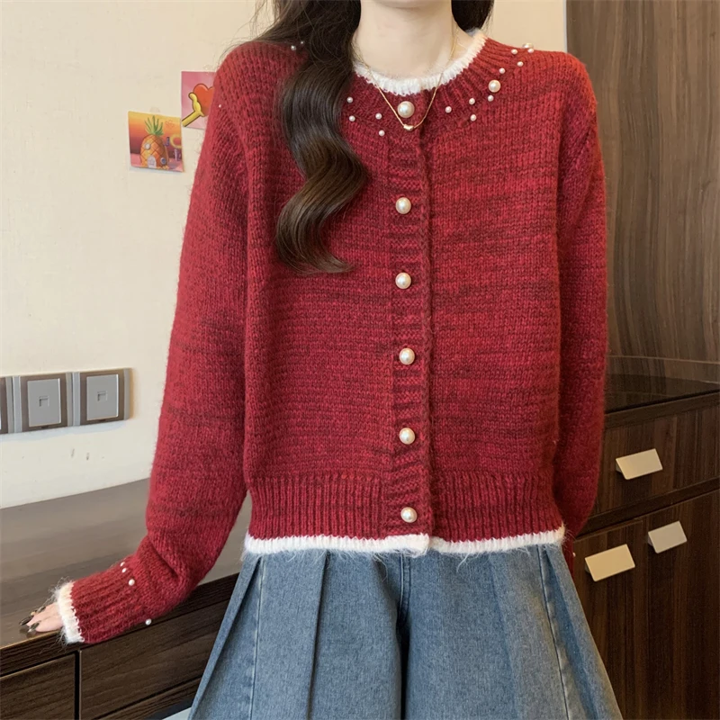 Vintage Burgundy Knitted Cardigan for Women Autumn Chic Elegant Pearls Button Long Sleeve Sweater Female Christmas Knitwear Coat