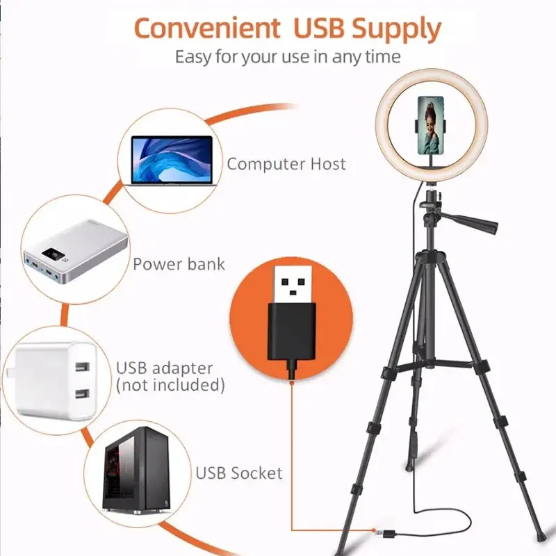 Cargador USB 26cm Led Selfie Anillo Luz Teléfono Lente Control Remoto Lámpara Fotografía Iluminación con Soporte de Trípode