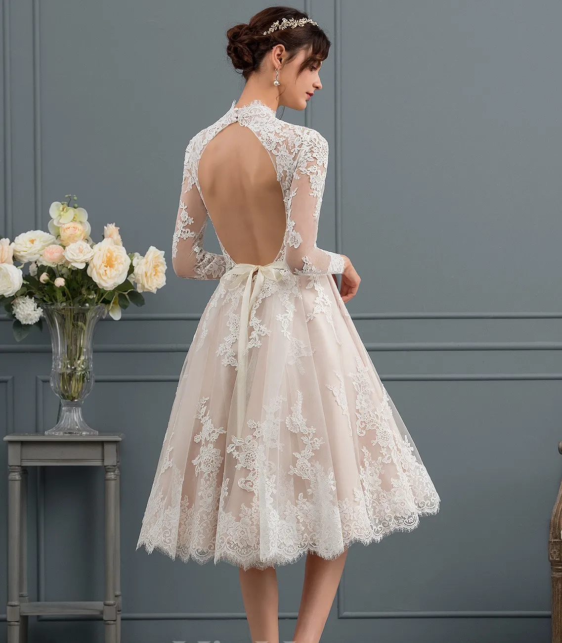 New Short Wedding Dress 2025 A-line Illusion Backless Knee-Length Lace Tulle Bridal Gown Bride Shower Vestidos De Noiva