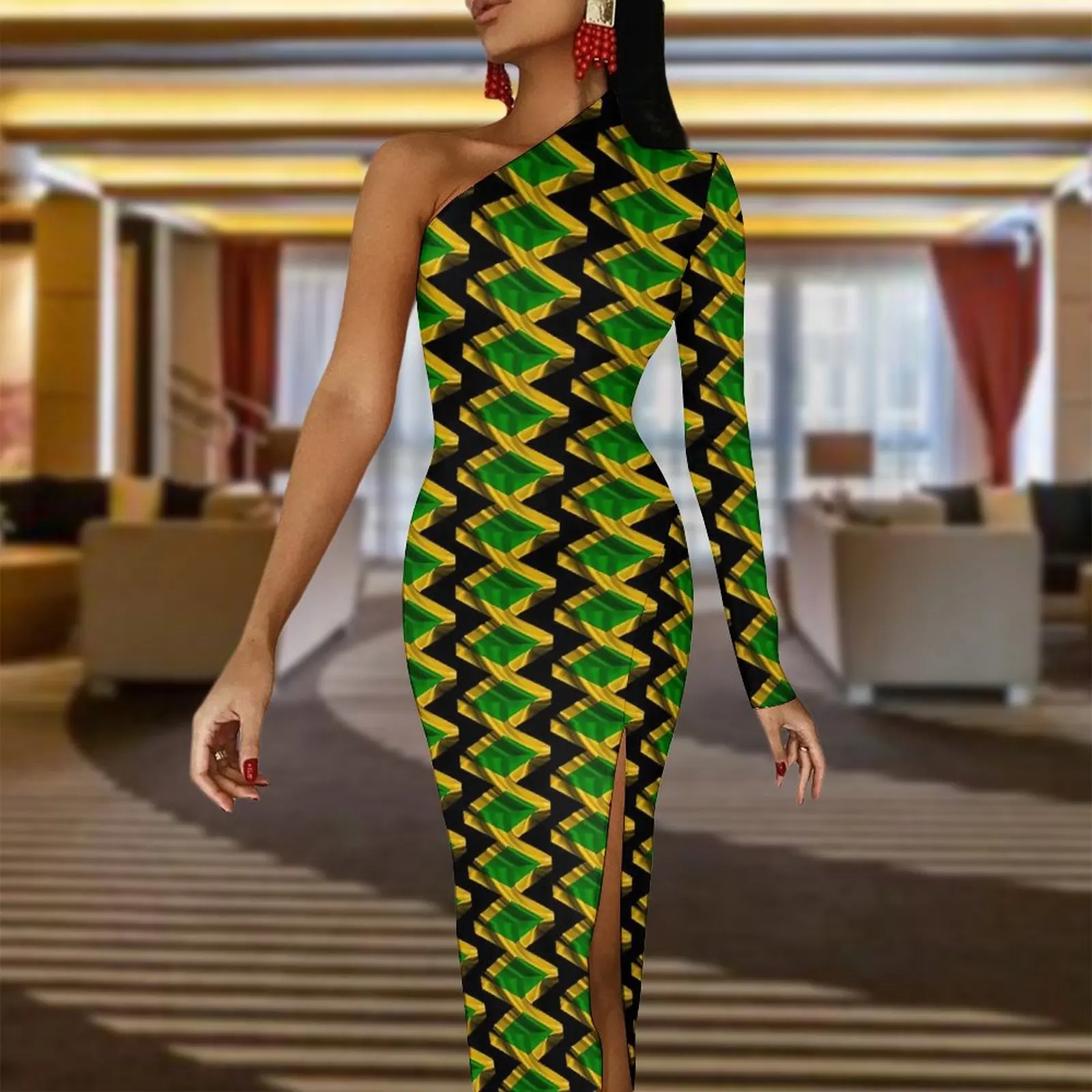 Jamaica Flag Bodycon Dress Summer Love Jamaica Modern Side Split Long Dresses Long Sleeve Design Street Wear Dress