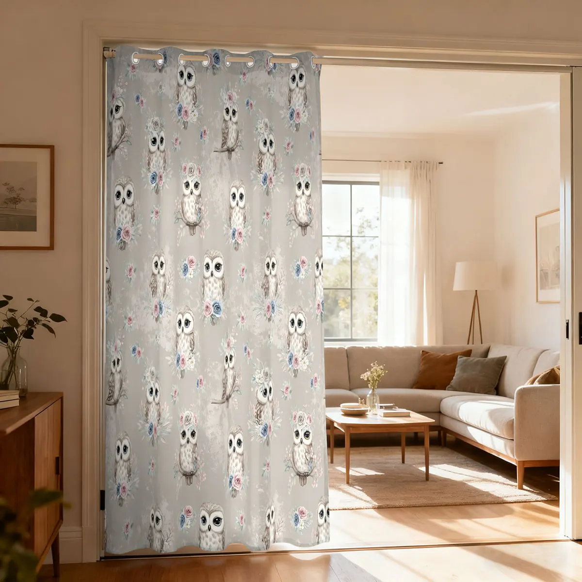 1pc Cartoon Owl Printed Loop Curtains Blackout Doors Living Room Bedroom Bathroom Partitions Privacy Perforated Hanging Curtains
