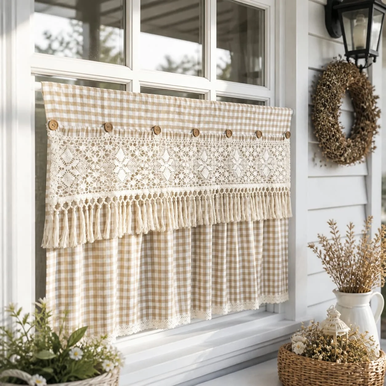 1PC Pastoral Apricot White Lattice Short Curtain,  Oven Curtain, Hollow Tassel Decoration, for Kitchen, Cabinet, Study, Cafe