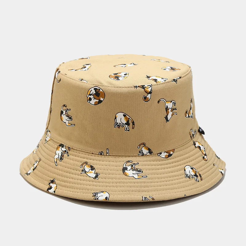 2022 Cotton Cartoon Cat Embroidery Bucket Hat Fisherman Hat Outdoor Travel Sun Cap for Men and Women 124