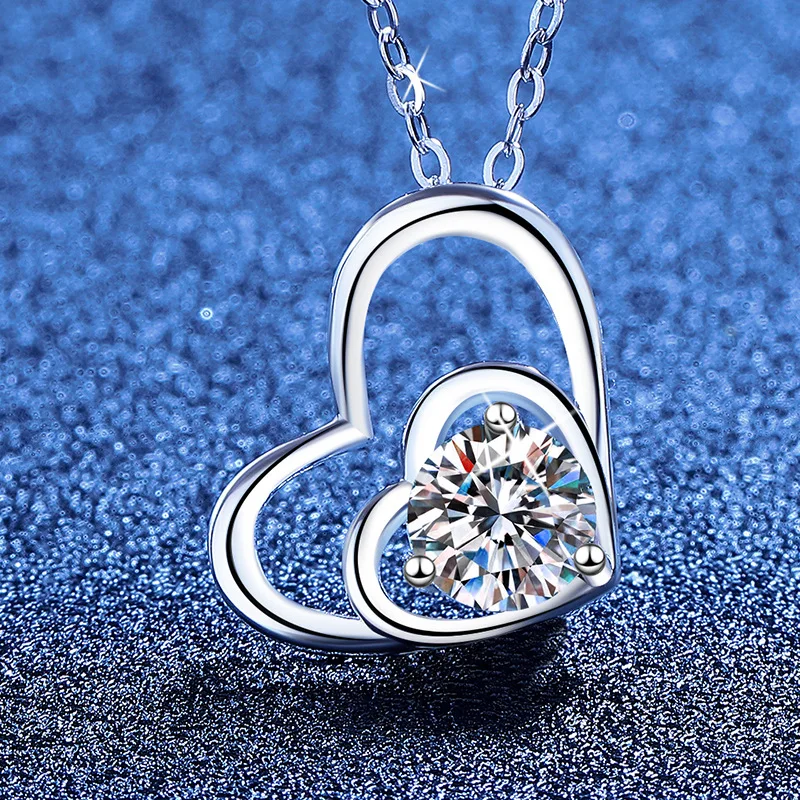 

S925 Silver White Gold Plated 1CT D Color Moissanite Double Heart Pendant Necklace, Exquisite Jewelry.