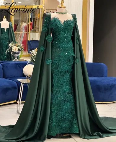 Morgonrock Grön Kapärm Muslimsk Aftonklänning 2025 Anpassad Arabisk Dubai Blommig Spets Bröllopsfestklänning Förlovningsklänningar 8 best sales Muslimsk förlovningsklänning - №8
