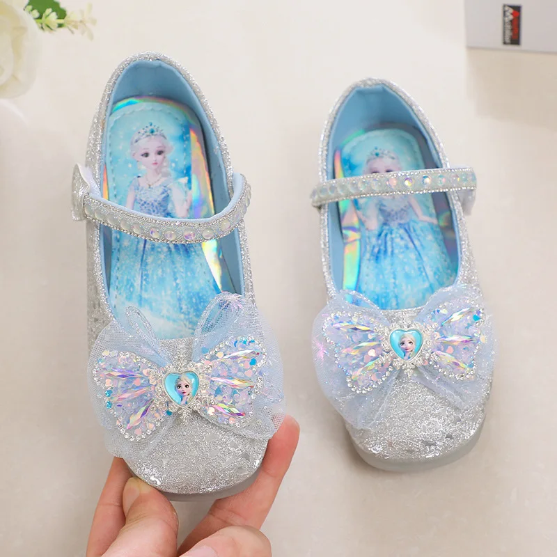 Girls Princess Elsa Crystal Shoes Sweet Cute Bow Girl Soft Sole Single Shoes Summer Flat Sandals Children\'s Small Leather Shoes