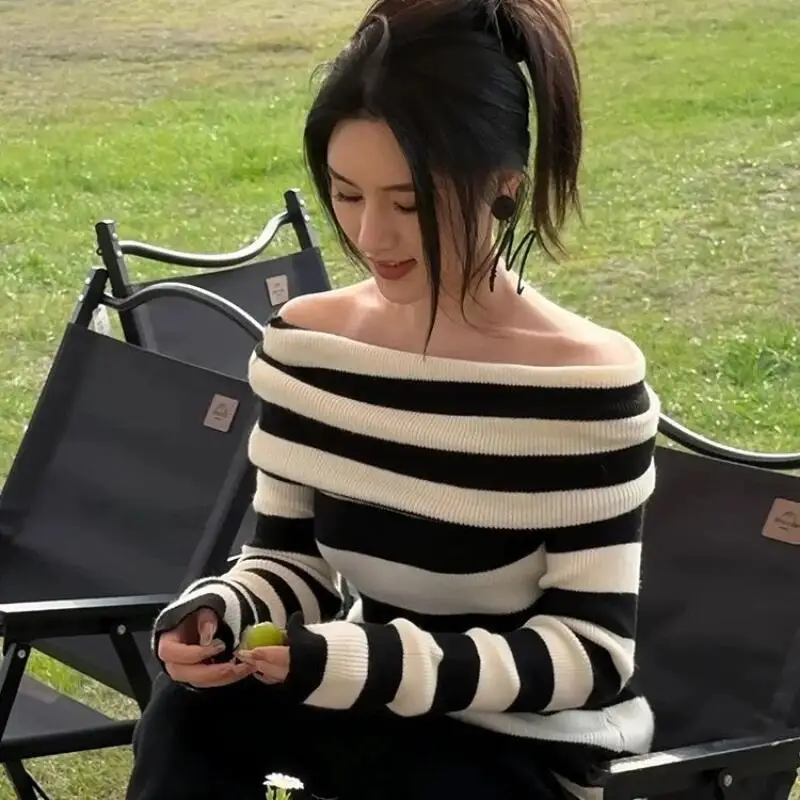 Prinzessin Eine Schulter Gestreiften Pullover Mädchen Mode Sexy Lange Ärmeln Gestrickte Krawatte Hemd Frühling Herbst Kleidung mädchen geschenk