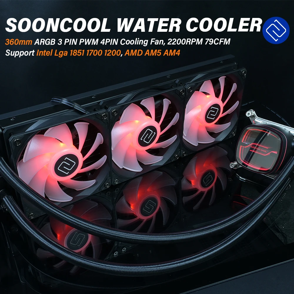 

SOONCOOL Универсальное водяное охлаждение для процессора Intel 1851 1700 1200, 360 мм 5 В ARGB 12 В ШИМ 4-контактный жидкостный кулер для процессора AMD AM5 AM4