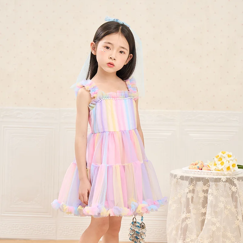 Baby Girls Tutu Dress Sleeveless Strap Rainbow Princess Girls Birthday Party Dress Children Kids Halloween Party Perform Costume