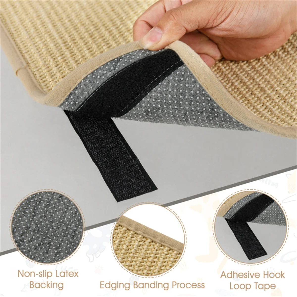 6 Pack Natural Sisal Cat Scratching Mats, Non-Slip Latex Backing Cat Scratch Pad with Hook Loop Tapes, Wall Sofa Floor Mountable Furniture Protector for Indoor Kittens Easy Clean - view 7
