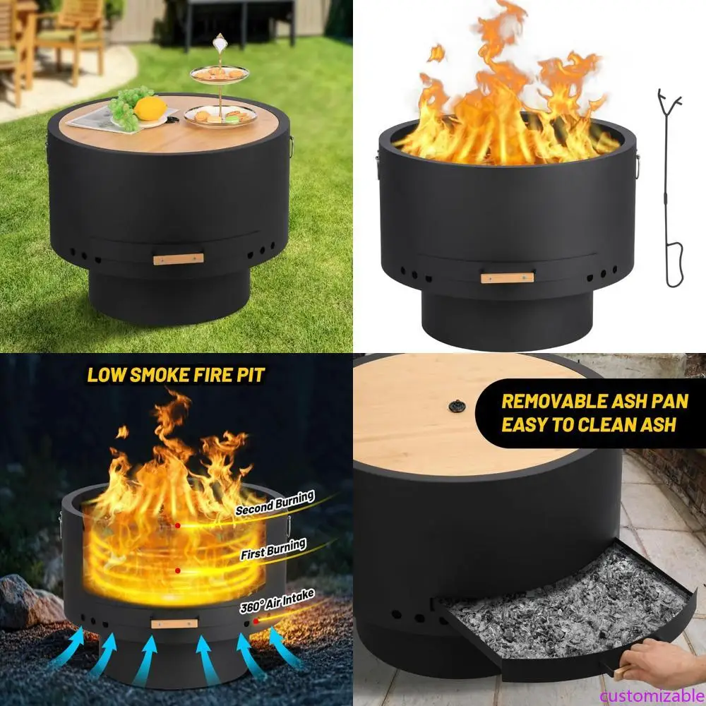 

Portable 26 Outdoor Wood-Burning Fire Pit with Fire Poker and Removable Ash Pan