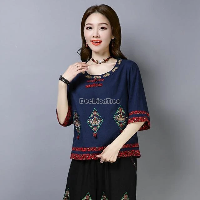 2025 chinese style women's spring summer new national style embroidered disc buckle loose cheongsam top retro cotton blouse b168 image 4