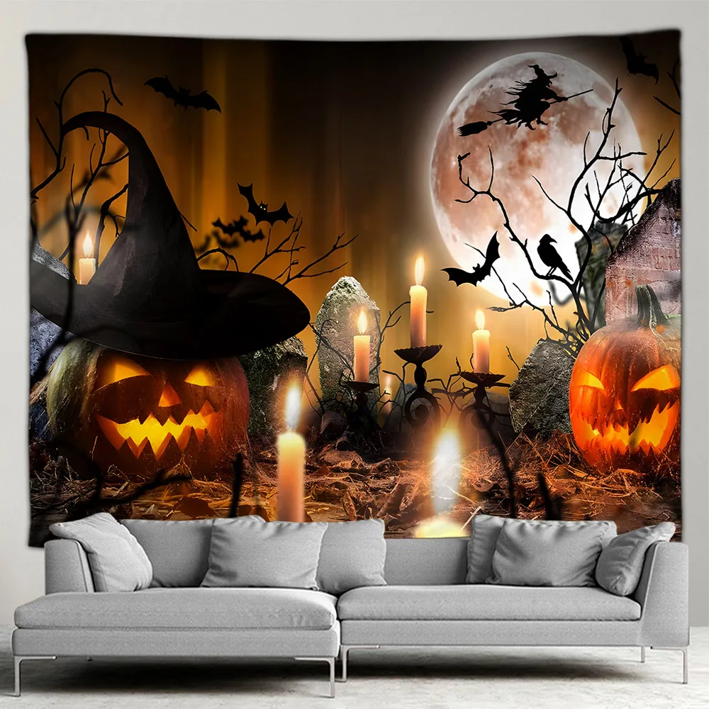 FJLLFJ Tapestry Pumpkin Lights Tombstone Full Moon Halloween Decoration Home Living Room Wall Hanging