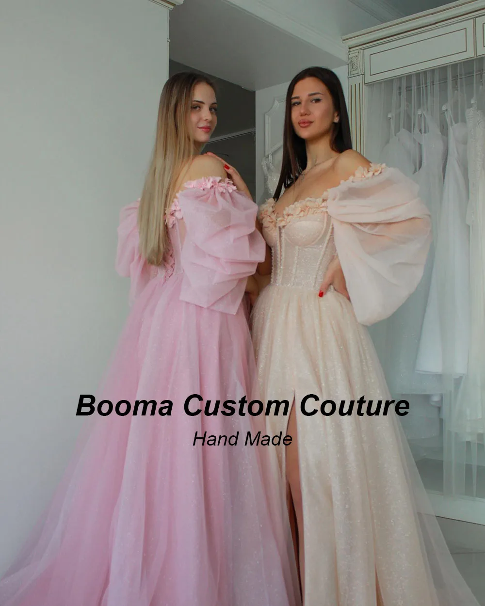 Booma Gillter A Line Long Prom Dresses Sweetheart Off Shoulder 3D Flowers Evening Party Dresses Leg Slit Formal Occasion Gowns