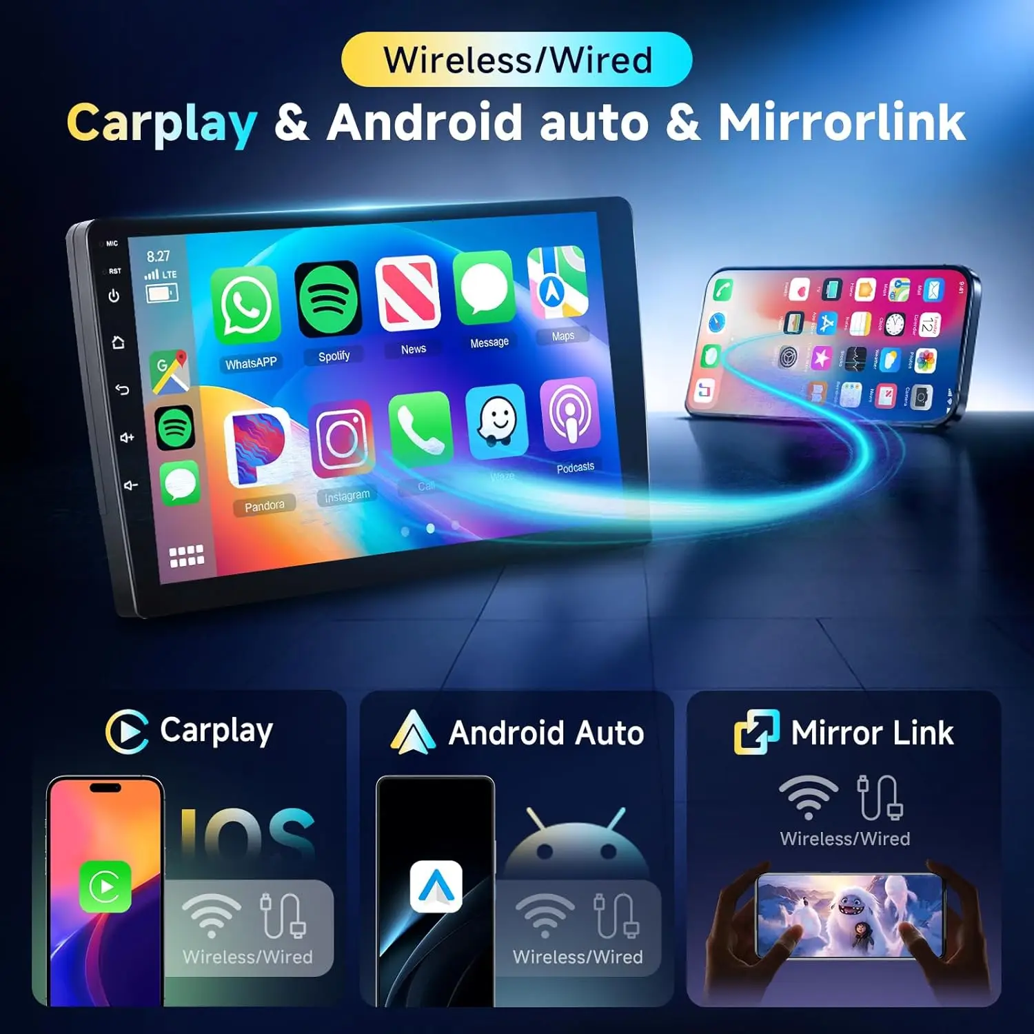 GEARELEC Radio para coche de 9 pulgadas, reproductor multimedia CarPlay, navegación Android Auto, GPS, Wi-Fi, 8+128 GB, estéreo universal 2-DIN para Nissan, Hyundai, Toyota, Honda, Ford 2