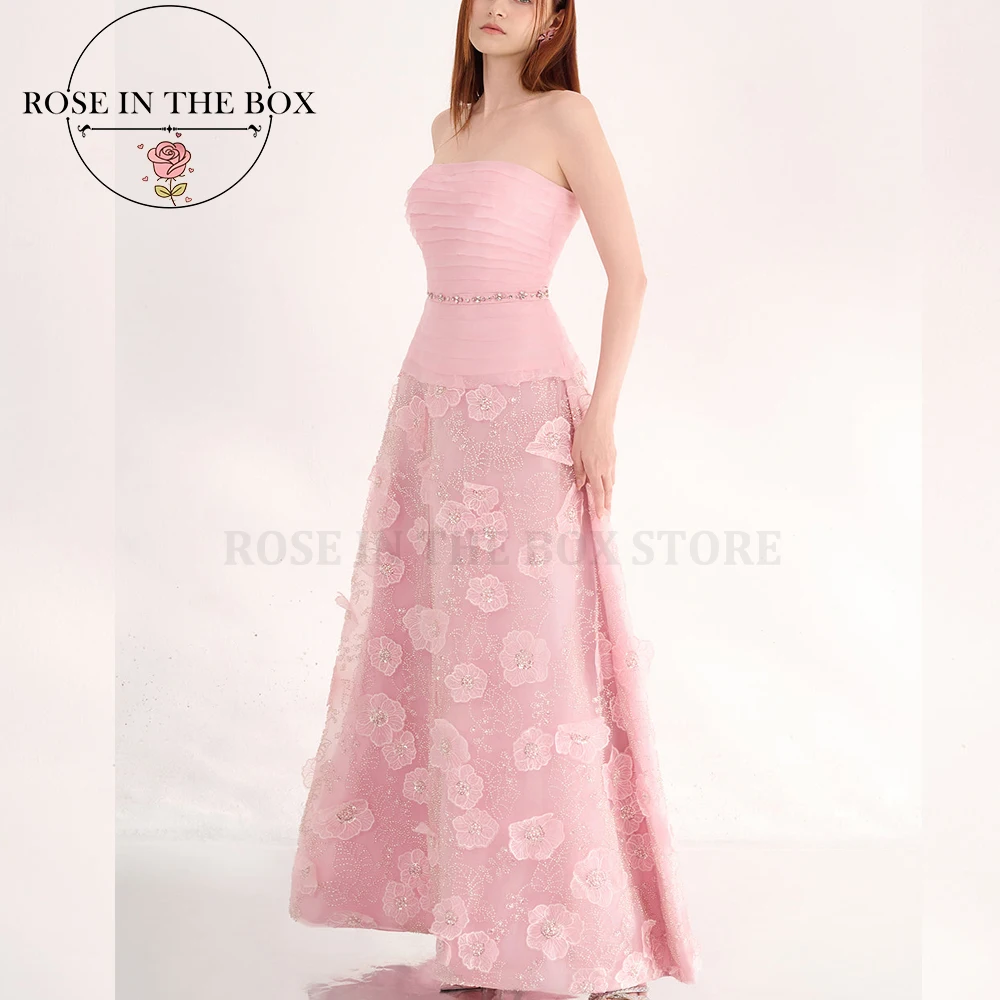 ROSEINTHEBOX Customized Pink Strapless A-line 3D Floral Evening Dresses Romantic Formal Dress Long Prom Dress for Christmas