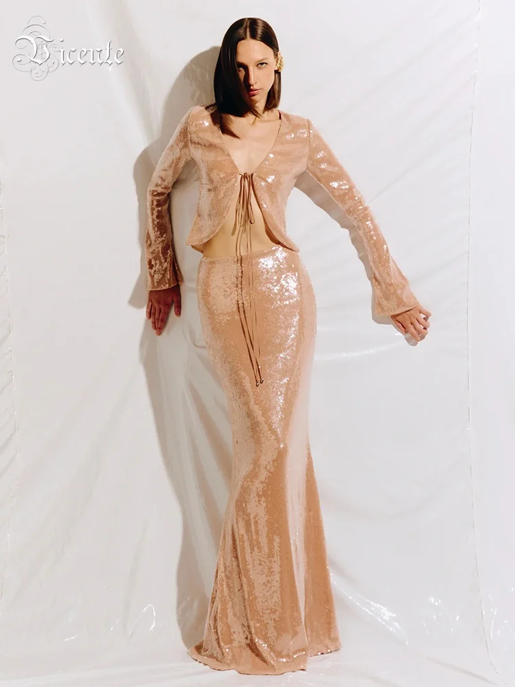 

VC Glamorous Sequin Two-Piece Dress Set with V-Neck Blouse for High-Profile Gala Events Evening Gown
