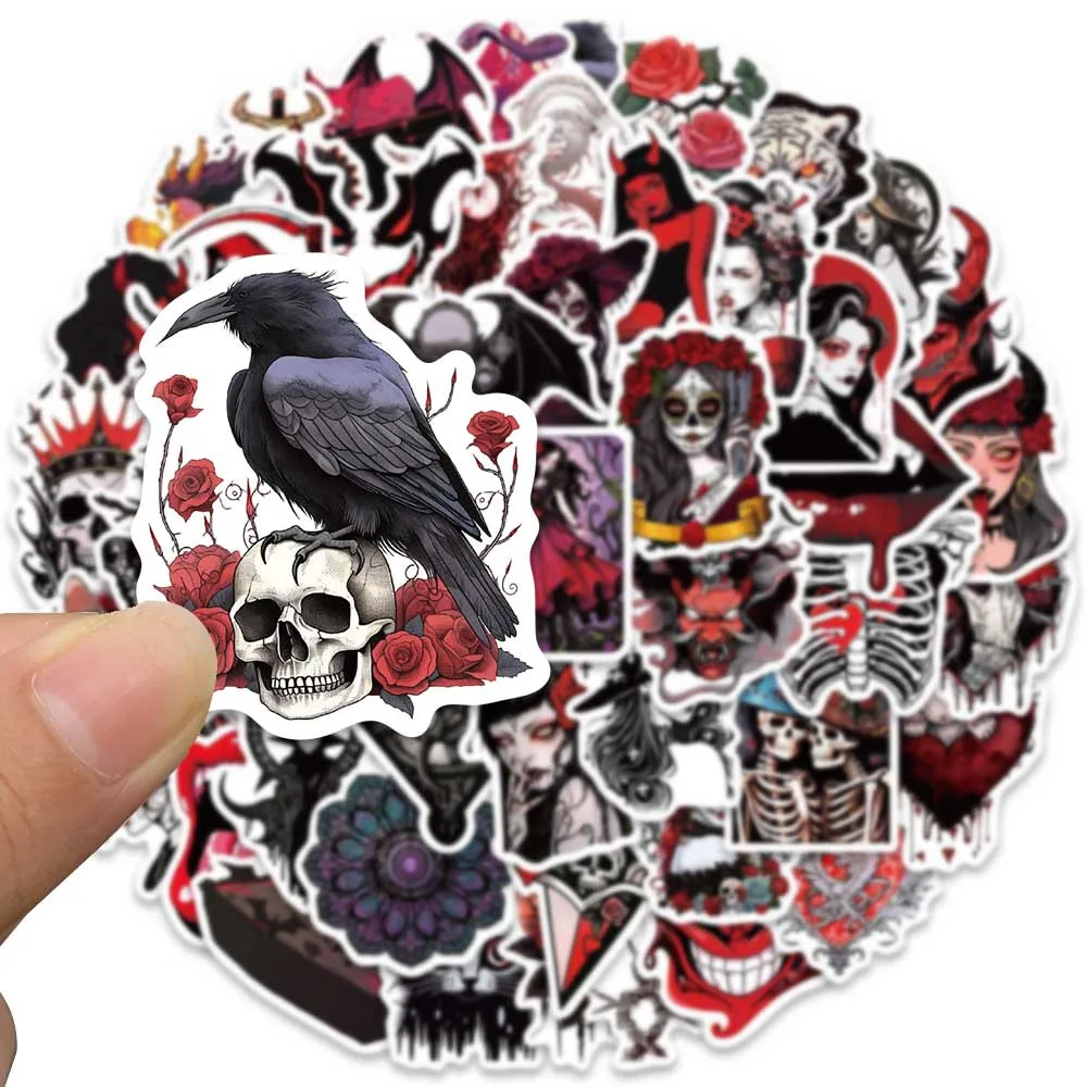 10/50pcs Red Gothic Horror Skull Witch Stickers Punk Graffiti Decals Laptop Motorcycle Skateboard Phone Cool Waterproof Sticker