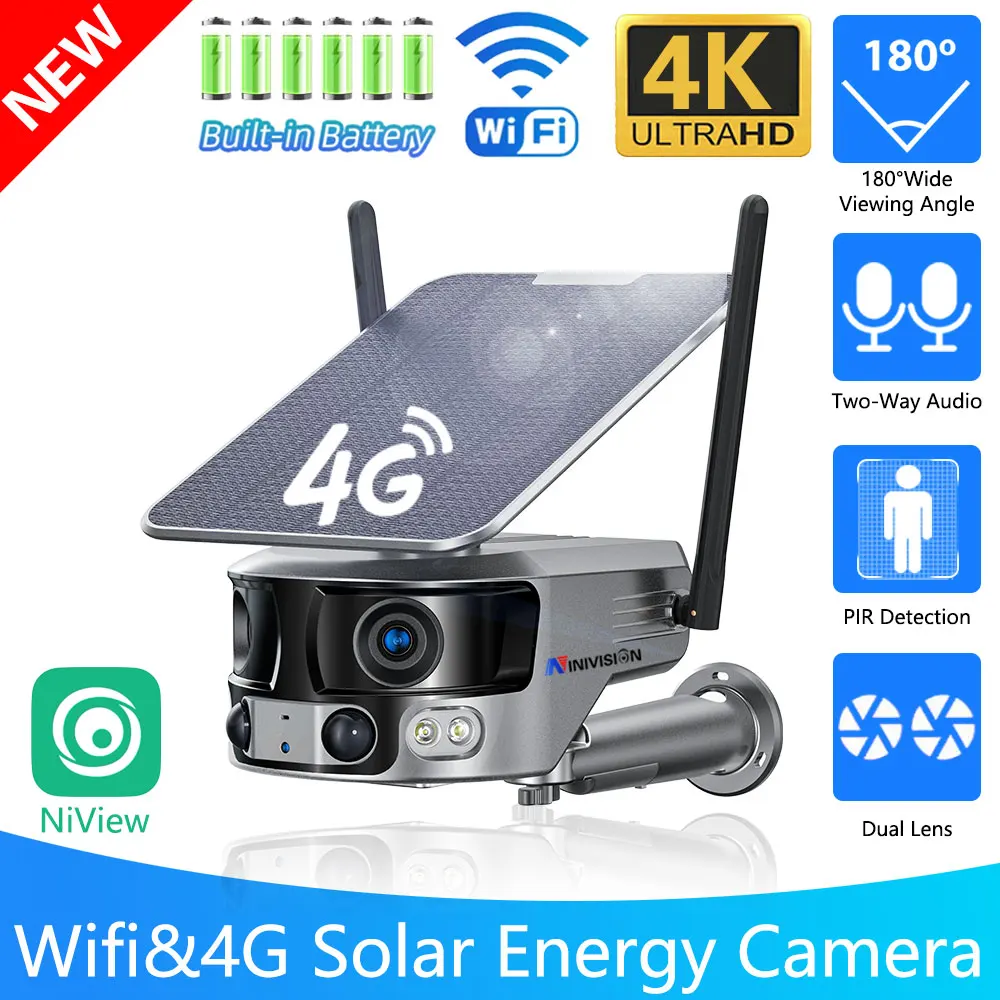 

4K 8MP 180° Ultra Wide View Angle 4G Solar Security Camera Outdoor WIFI Dual Lens PIR Human Detection CCTV Camera With Battery