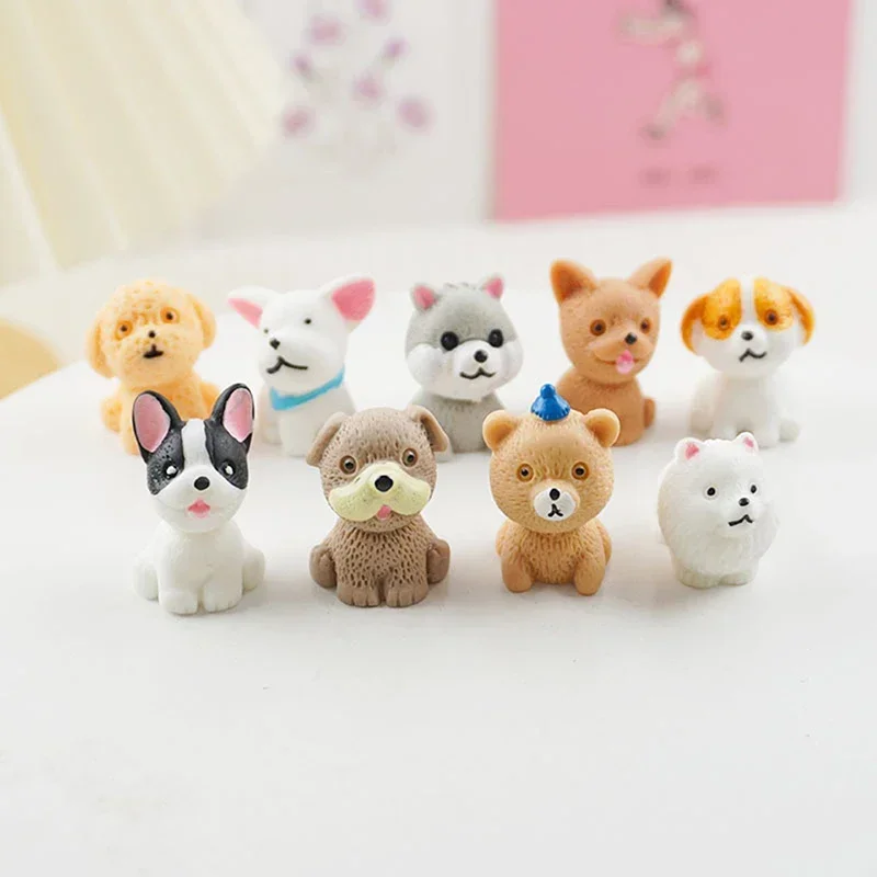 9 Uds Mini modelo de perro de resina estatua pequeña estatuilla Micro artesanías adorno de cachorro miniaturas muñecas para mascotas DIY decoración de jardín de hadas para el hogar