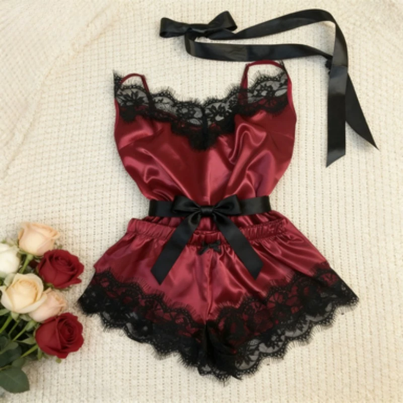 

Летние удобные простые сексуальные кружевные шорты с разрезом на подтяжках, комплект вишневых пижам для женщин