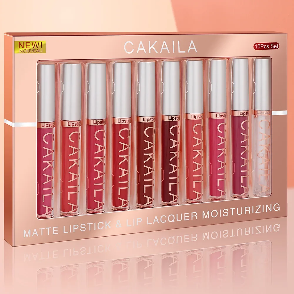 CAKAILA 10Pcs/Set Pro 24HR Weightless Colour Matte Nude Velvet Liquid Rich Matte Finish Lipstick Lipgloss  Waterproof Lip Makeup