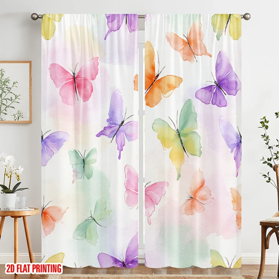 2PCS Digital Printed Curtains, Watercolor Butterfly Pattern, Dreamy Fairy Style for Living Room Bedroom Girls Room Decor