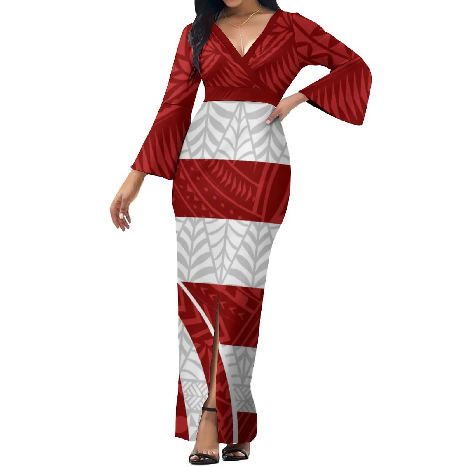 Polynesian Tribal Ethnic Dress Custom Hibiscus Flower Print Autumn Flared Sleeve Long Dress Elegant Slim Dress Slit Design