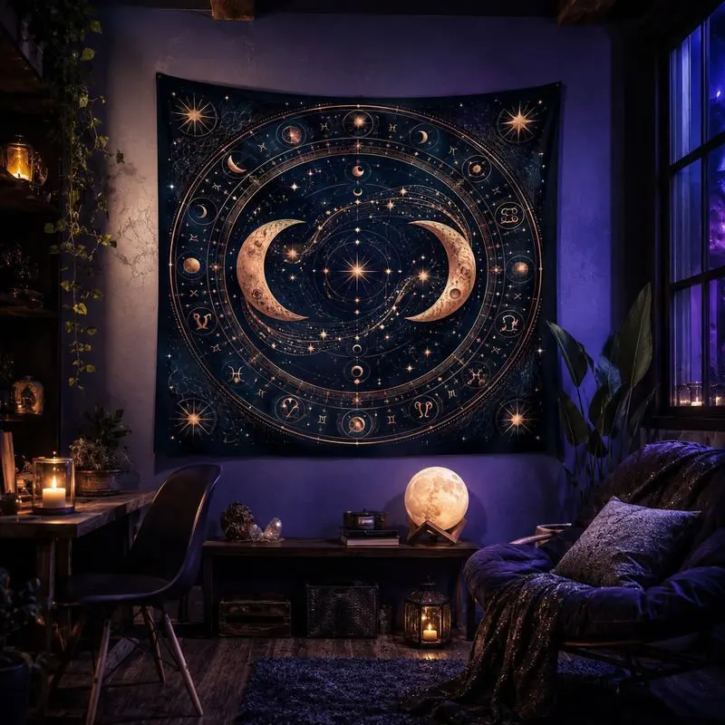 VIKAMA Gold Astrological Zodiac Wheel Tapestry Wall Hanging Crescent Moon Star Celestial Aesthetic Wall Art Bedroom Dorm Decor
